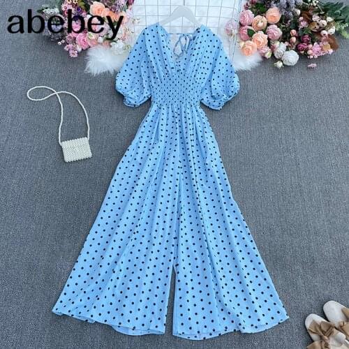 Summer dot holiday casual wide leg jumpsuits V Neck Puff Sleeve Waist Elastic Rompers loose beach long playsuits
