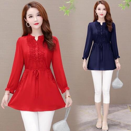 TingYiLi M-5XL Plus Size Drawstring Waist Women Tunic With Pocket Long Sleeve Ruffle Top Red Green Blue Black Chiffon Blouse