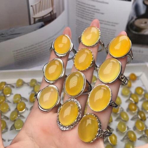 MOONROCY Silver Color Chalcedony Rings Yellow Oval Opal Vintage Ring for Women Female Gift Dropshipping Jewelry Wholesale