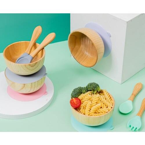 Baby Feeding Bowl Set Wooden Bowl & Spoon Set Suction Cup Dishes Tableware Children Baby Plate Childrens Dishes Products Gifts
