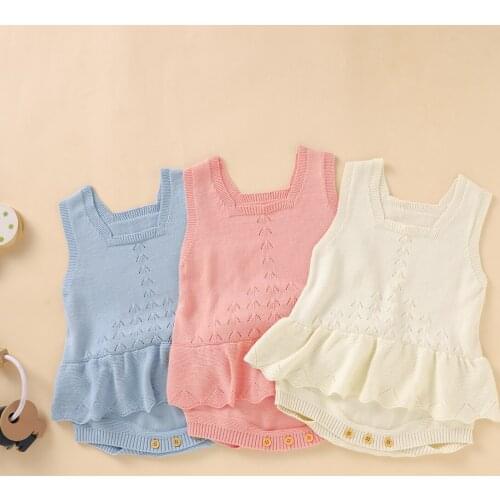 Infant Girls Baby Solid Color Sleeveless Romper Girls Summer Clothes Cotton Knitted Jumpsuit Toddler Clothing 0-18M