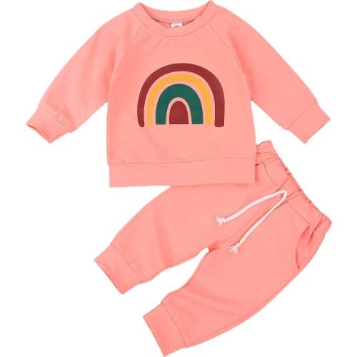 OPPEIRAYA Fashionable Kids Set Rainbow Long Sleeve Round Neck sweatshirts Lace Up Elastic Head Pants for Spring and Autumn