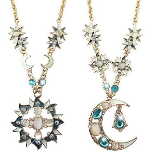 70% Hot Sell Women Mystic Rhinestone Sun Moon Pendant Long Chain Sweater Necklace Jewelry
