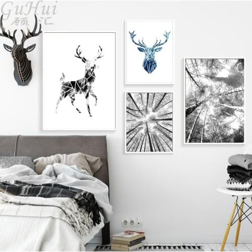 Black and White Tree and Animals Geometry Elk Canvas Poster Blue Wolf Deer Wall Picture Home Living Room Restaurant Decoration