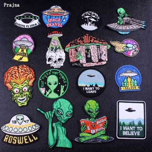 Prajna Cartoon Alien Patch UFO Cloth Patches Embroidered Patches For Clothes Applique Rock Skull Bands Badge Iron on Patches DIY