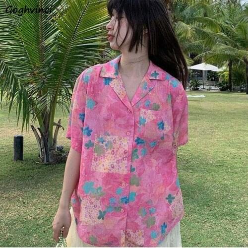 Summer Short Sleeve Floral Pink Shirts Women Notched Loose Beach Comfortable Korean Style Casual Outwear Ulzzang Retro Harajuku