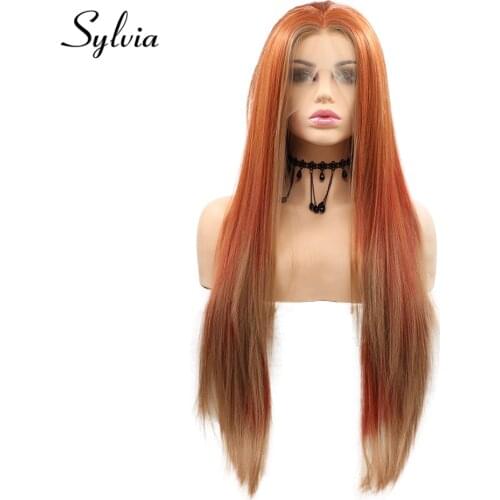 Sylvia Orange Highlight Long Silky Straight Synthetic Lace Front Wig Middle Parting Cosplay Soft Futura Fiber Wigs for Woman