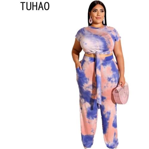 TUHAO 2020 summer Woman Two Pic Sets Outfits Plus Size 5XL 4XL 3XL Womens Top + Wide Leg Pants Long Two-piece Suit WM77