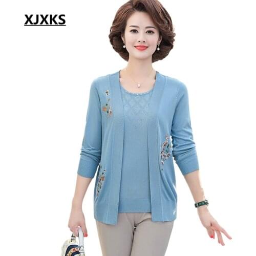 XJXKS 2020 Spring Auutumn Women Mother Clothing Set Sweater Female Cardigan Fashion Embroidery Sweater Floral Women Outerwear