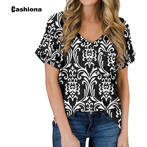 Cashiona Plus Size 3xl Womens Top Bohemian Flower Print T-shirt Latest 2021 Summer V-neck Tee Ladies Casual Shirt Femme Clothes