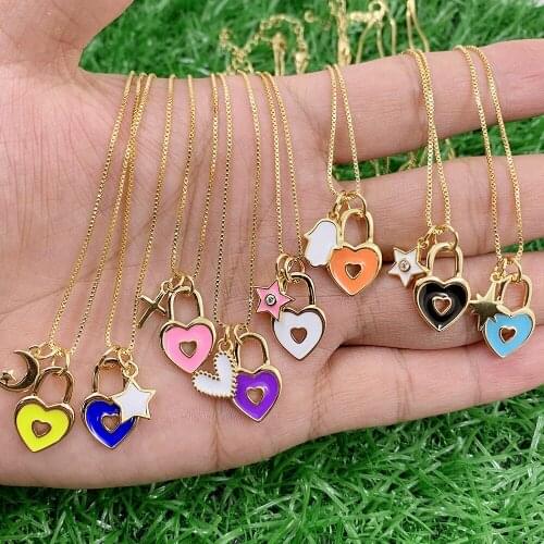 18K Gold Plated Enamel Jewelry Custom Hollow Heart Lock Pendant Necklace for Womens Gift