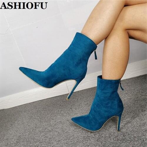 ASHIOFU Handmade Womens Stiletto Heels Boots Faux-suede Real Photos Pointy Party Prom Ankle Booties Large Size Fashion Boots