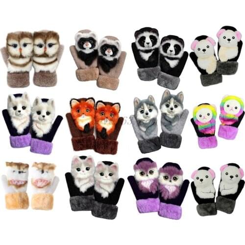 Women Men Winter Knit Gloves Cute 3D Fluffy Cartoon Animal Decor Thickened Plush Lining Windproof Thermal Warm Mittens