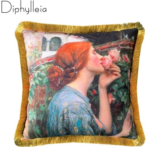 Diphylleia Retro art Oil painting printed Home Decorative living room sofa hug pillowcase cushion cover tassel pillow cover