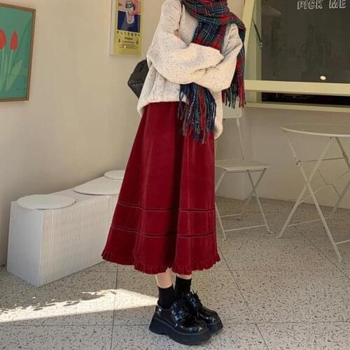 FairyShely 2021 Vintage Velvet Long Skirt Women High Waist Midi Skirt Korean Red Elastic Band A-line Maxi Skirts Womens