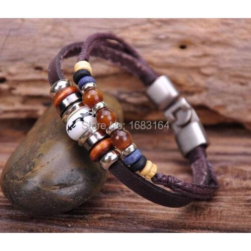 G62 Silver Hemp Leather Wood Clay Beads Bangle Bracelet Cuff Mens Surfer Stone