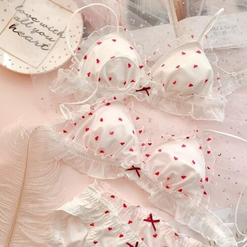 New Japanese womens underwear set embroidery love girl no steel ring triangle cup bra set bra female lingerie set