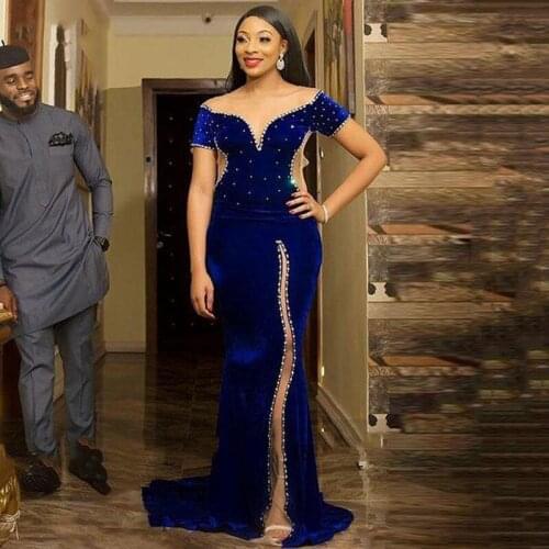 Royal Blue Velvet Mermaid Evening Dresses 2021 Short Sleeve Side Split Party Gowns Caftan Arabic Prom Gowns Custom Made