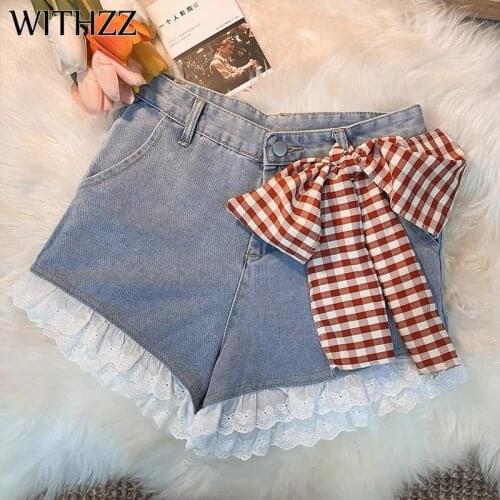 WITHZZ Summer Womens Loose High Waist Wide Leg Jeans Female Cute Lace Denim Shorts