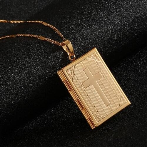 Fashion Unisex Jesus Jewelry 24K Gold Color Cross Book Cross Jesus Pendant Necklace