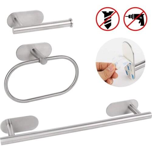 3-piece Stainless Steel Brushed Bathroom Hardware Set Modern Adhesive Towel Bar Toilet Paper Holder Towel Ring Bath Accessories