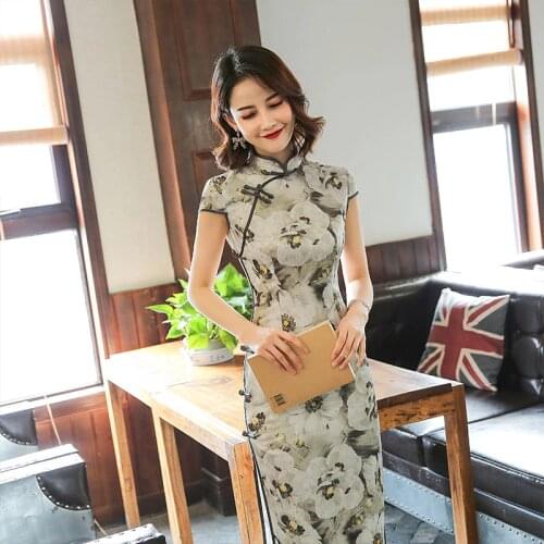 Spring And Autumn New Dress Cheongsam Show Double Long Cheongsam Dress Cyan Printed Qipao Chinese Traditional Skirt Платье