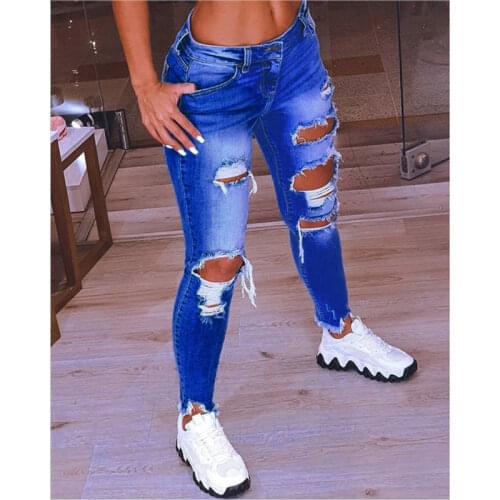 Plus Size S-5XL Denim Jeans For Women Low Waist Ripped Hole Bodycon Stretch Jean Ankle Length Pencil Pants