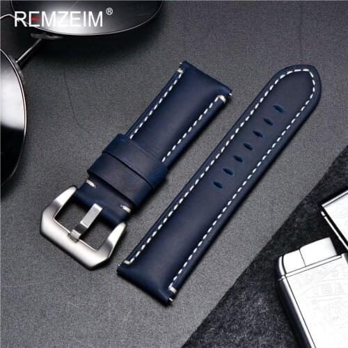 REMZEIM Oil Wax Cowhide Watchbands 20mm 22mm 24mm 26mm Blue Brown Black Women Men Genuine Leather Watch Band Strap free tool
