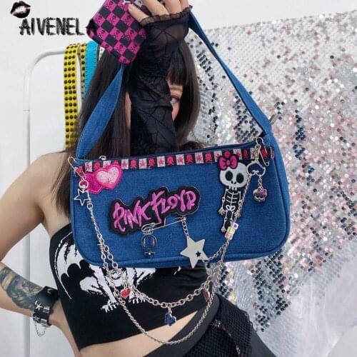 Harajuku Rock Skull Chain Punk Bag Y2K Girls Streetwear Gothic Jeans One-Shoulder Bags AFC1302