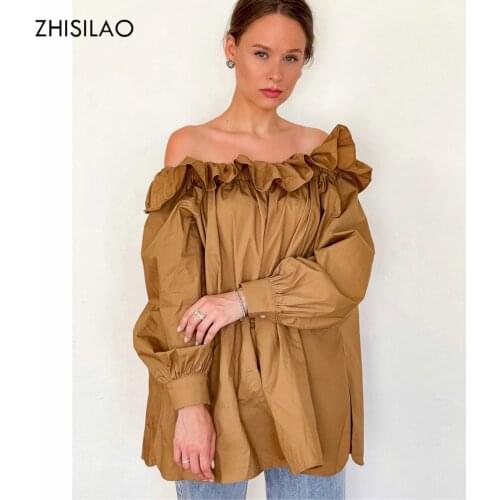 ZHISILAO Vintage Split Fork Slash Neck Blouse Women Elegant Khaki Long Sleeve Shirts Mujer Autumn 2021 Off Shoulder Tops
