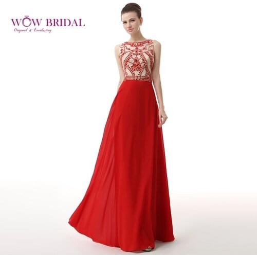 Wowbridal Graceful Red Long Evening Dress 2021 Boat Neck Sleeveless Crystal Beaded Sash Chiffon Ruched A-Line Women Formal Dress