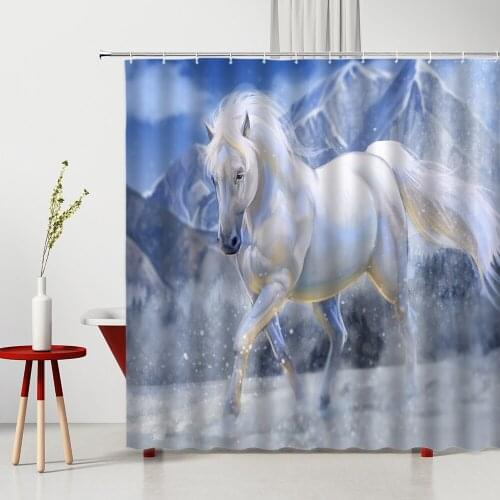 White Horse Shower Curtain Mountain Winter Snow Art 3D Bedroom Decoration Paintings Waterproof Bathtub Screen Bathroom Curtains