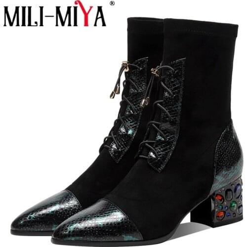 MILI-MIYA Fashion Women Patchwork Ankle Boots Rhinestone Comfort Thick Square Heel Lace Up Pointed Toe Lady Wedding Party Shoes
