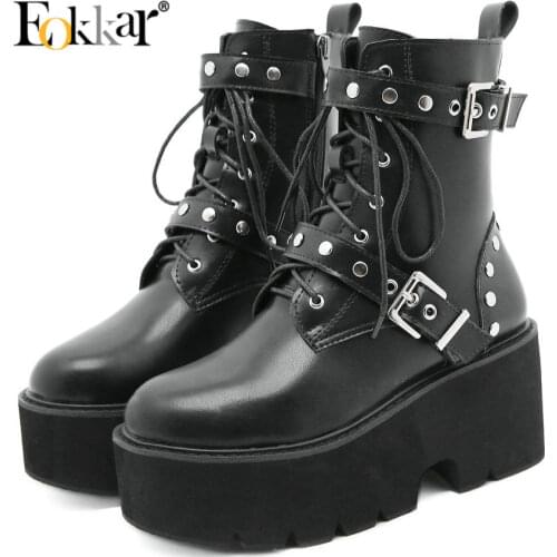 Eokkar 2021 Gothic Boots Plataform Chunky Ankle High Platform Boots Gothic Buckle Platform Boots Punk Ankle Boots Lace Up Boots