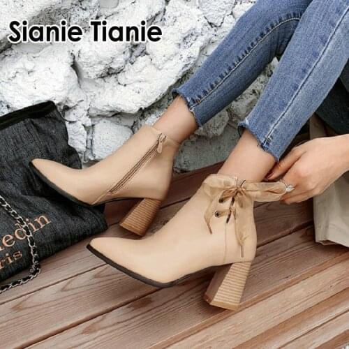 Sianie Tianie 2020 winter autumn warm fleece sexy ladies shoes block high heeled boots women ankle boots big size 43 44 45 46 12