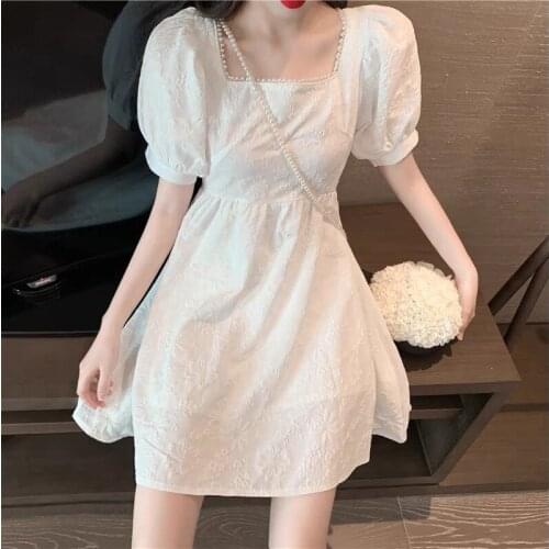 2021 New Korean Chic Backless Women Bandage Dress Fashion Square Collar Short Puff Sleeve High Waist Female Dresses Vestidos