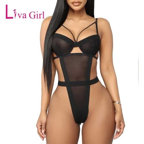 LIVA GIRL Womens Mesh Sexy Bodysuits Black Hollow Out Sleeveless Bodycon Bodysuit Female Clothing Night Wear Lingerie Body Tops