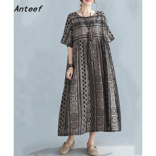 Anteef short sleeve oversize cotton vintage floral dresses for women casual loose long summer dress elegant clothing 2021