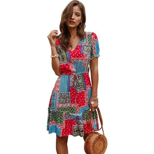 2020 Printing Summer Dress Women Vintage High Waist Pathwork Slim Short Sleeve V Neck a Line Casual Female Dresses Vestidos