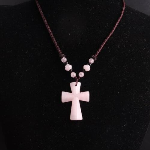 1PC Carving Cross stone necklace pink quartz Natural Stone Beads Energy Women Necklace Women jewelry collar dropship suppliers