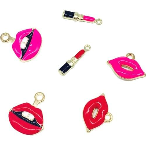 10pcs/Lot Metal Enamel Lips Lipstick Diy Jewelry Charms Pendant Earring Necklace Bracelet Charms For Jewelry Making Accessories