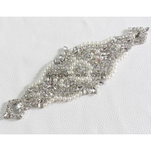 2pcs/lot crystal bridal applique with pearls for wedding dress embellishments fashion flower trimming garment dress accessory