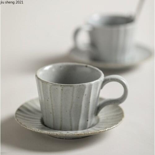 200ml Modern Ceramic Vertical Pattern Coffee Cup and Saucer Handmade Retro Latte Cup Simple Home Afternoon Tea Breakfast Milkmug