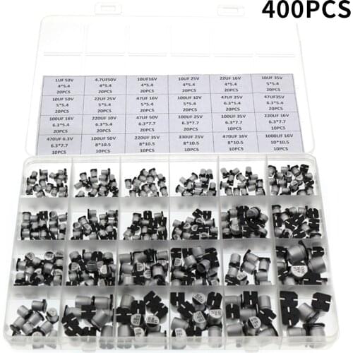 400pcs 24value Electrolytic Capacitor Assortment Kit 1uF-1000uF 6.3V-50V Aluminum Assorted Capacitors with Storage Box