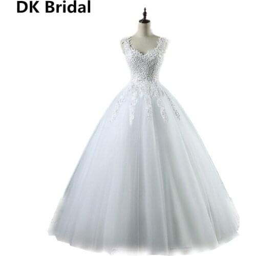 Ball Gowns Spaghetti Straps White Ivory Tulle Wedding Dresses 2019 with Pearls Backless Bridal Dress Marriage Customer Made Size