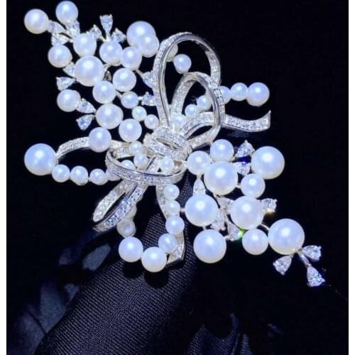 Natural fresh water pearl brooch bowknot vintage royal court 925 sterling silver cubic zircon 37*66MM fine women jewelry