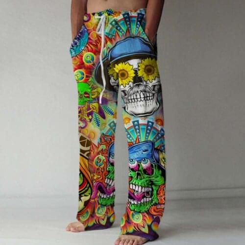 Streetwear Men Pants Skull Print Summer Fashion New Plus Size Mid Waist Lace Up Trouser Men Clothing Lugentolo