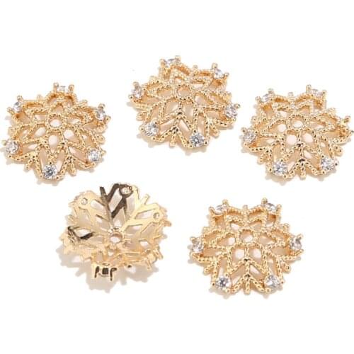 4pcs Real Gold Plated Brass 12mm Width Micro Pave Cubic Zirconia Snowflake Flower Beads Caps For DIY Jewelry Making Findings