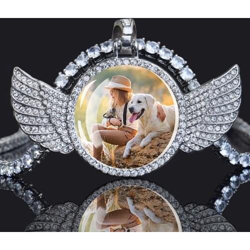 Personalized Angel Wings Pendant Necklace Custom Photo Logo Zircon Crystal Necklace Hip Hop Jewelry Customized Graduation Gift