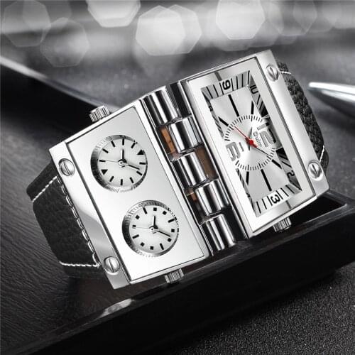 OULM HP9525 Large Dial Male Quartz Watch Three Time Zone Unique Design Mens Sport Watches Punk Style Leather Strap Wristwatch